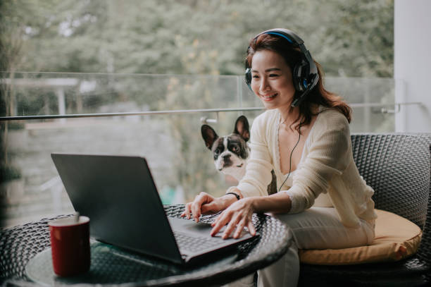 asiatische chinesische schöne frau arbeiten von zu hause aus mit virtuellen treffen mit kollegen auf dem balkon mit ihrem haustier französisch bulldogge trägt headset - working at home headset telecommuting computer stock-fotos und bilder