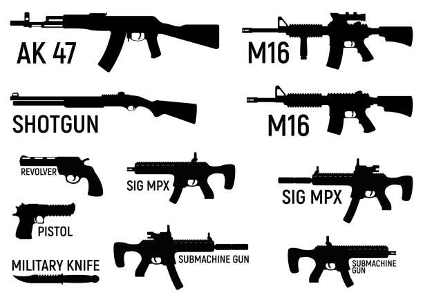 Set of silhouette weapon military rifle, revolver and pistol, shotgun carbine, knife and submachine gun black simple icon vector illustration, isolated of white. Set of silhouette weapon military rifle, revolver and pistol, shotgun carbine, knife and submachine gun black simple icon vector illustration, isolated of white. Self defense firearms with font text name. machine gun stock illustrations