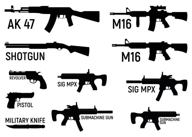 Set of silhouette weapon military rifle, revolver and pistol, shotgun carbine, knife and submachine gun black simple icon vector illustration, isolated of white. Set of silhouette weapon military rifle, revolver and pistol, shotgun carbine, knife and submachine gun black simple icon vector illustration, isolated of white. Self defense firearms with font text name. m16 stock illustrations