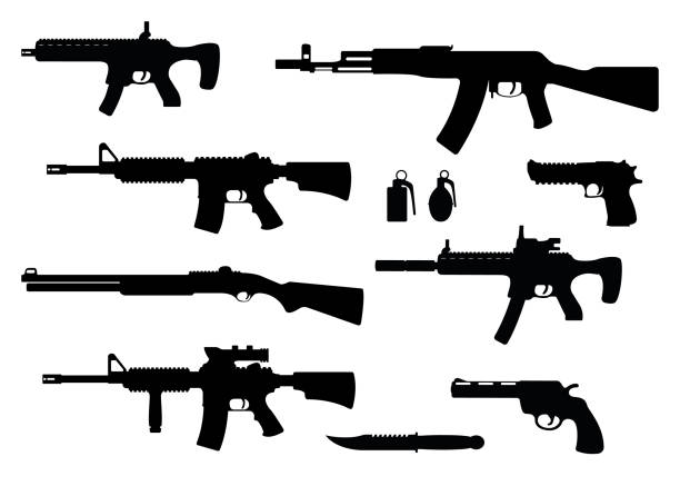 набор оружия военная винтовка, револьвер и пистолет орла пустыни, дробовик карабин, граната, нож и пистолет-пулемет черный простой значок в� - rifle stock illustrations