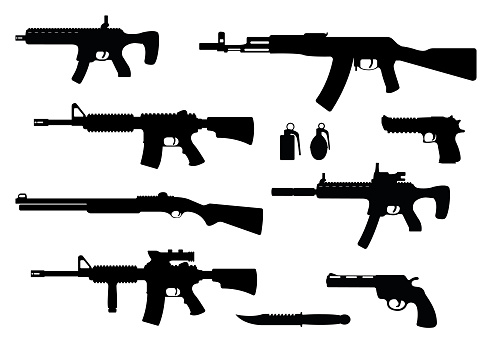 Set of weapon military rifle, revolver and desert eagle pistol, shotgun carbine, grenade, knife and submachine gun black simple icon vector illustration, isolated of white. Self defense firearms.
