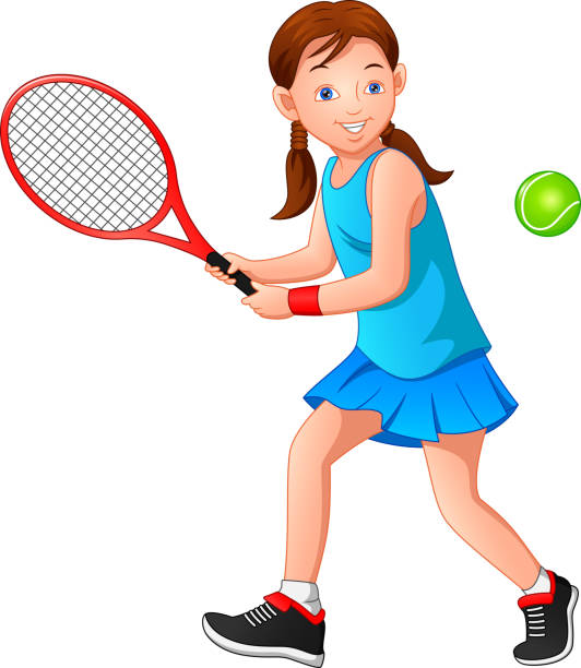 테니스를 치는 만화 소녀 - tennis child white background sport stock illustrations