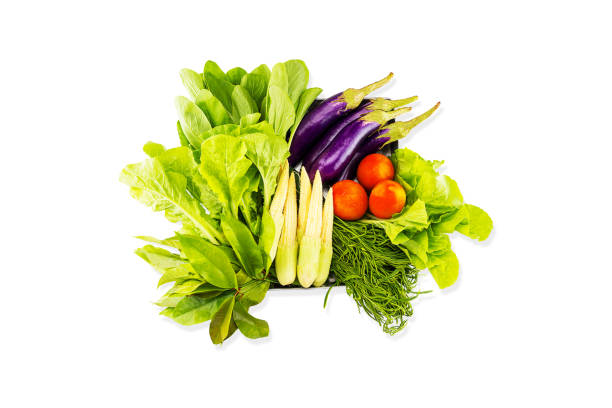 istock Mixed fresh vegetables in tray isolated on white background with clipping path,top view 1267628369