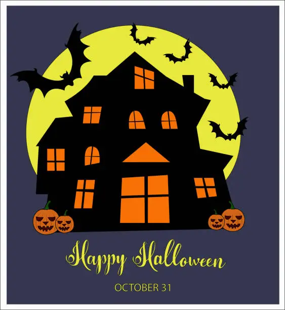 Vector illustration of Haunted Haus vector with ghost in a window, pumpkin, yellow moon and bats Happy Halloween postcard on dark background