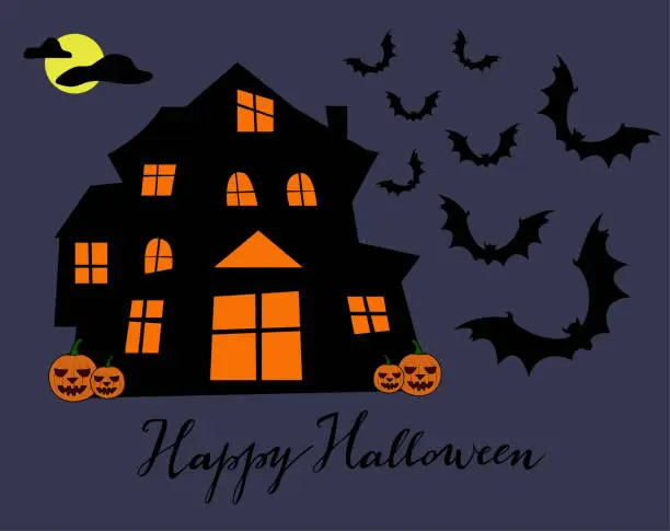 Vector illustration of Haunted Haus vector with ghost in a window, pumpkin, yellow moon and bats Happy Halloween postcard on dark background