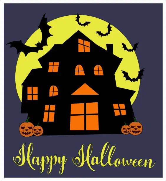 Vector illustration of Haunted Haus vector with ghost in a window, pumpkin, yellow moon and bats Happy Halloween postcard on dark background