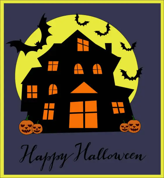 Vector illustration of Haunted Haus vector with ghost in a window, pumpkin, yellow moon and bats Happy Halloween postcard on dark background