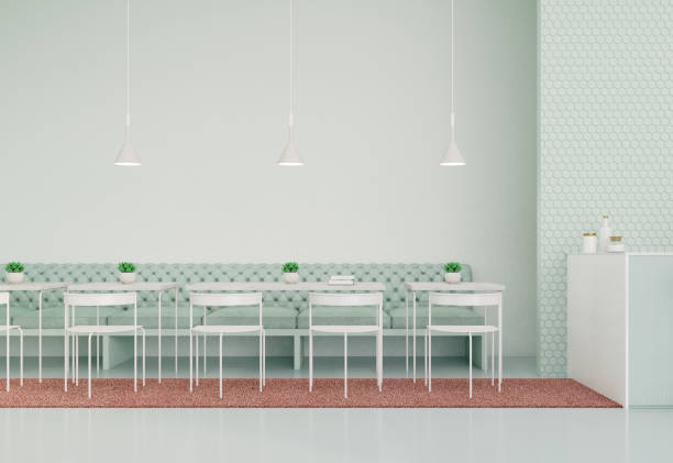 istock Cafeteria.Coffee shop interior.Counter bar,sofa,chairs and tables.Design with mint green color.3d rendering 1267633328