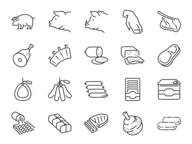 Vector illustration of Pork line icon set. Included the icons as pig, ham, sausage, food, ingredient, meat products  and more.