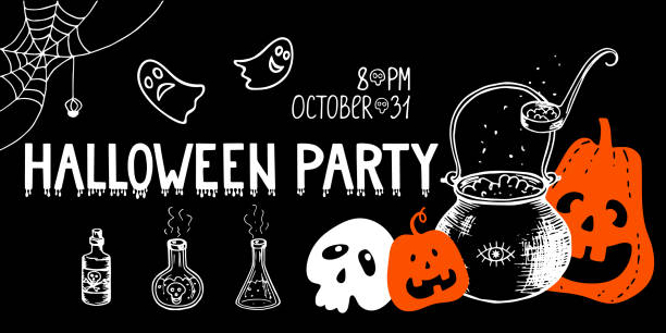 horizontale halloween-party-web-banner. kopf mit handgezeichneten orangen kürbissen hexen kessel tränke spinnennetze schädel und schriftzug. stock vektor-illustration auf schwarzem hintergrund - witchs stock-grafiken, -clipart, -cartoons und -symbole