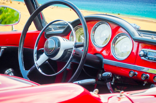 Vintage cabriolet stands on the beach - inside view with a view of the beach