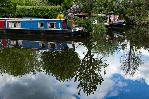 Sawbridgeworth.Hertfordshire/England –May 2 2020:The Maltings a mooring on the River Stort, (Lee & Stort canal) canal boats awaiting their passengers