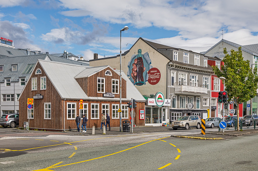 Reykjavik, Iceland, July 18, 2020: Beautiful old house utilized for a modern shop in the center of Reykjavik, the capital of Iceland.