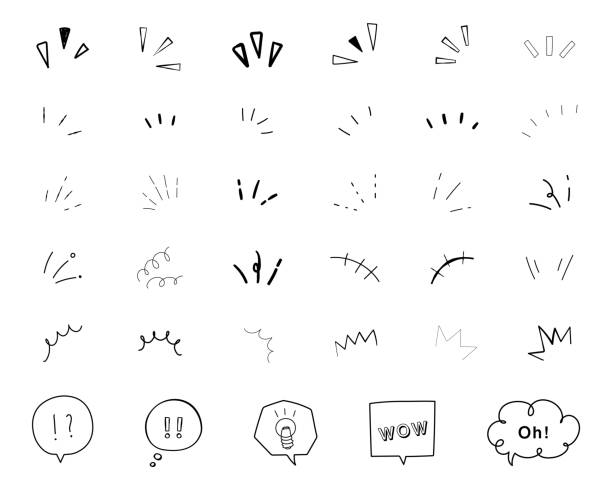 illustrations, cliparts, dessins animés et icônes de un ensemble d’icônes manuscrites qui montrent des surprises, de l’inspiration, de la conscience, de l’attention, des points, etc. - griffonnage illustrations