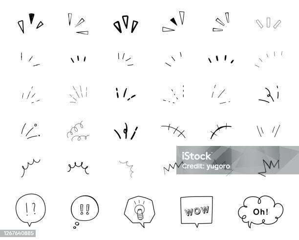 Una Serie Di Icone Scritte A Mano Che Mostrano Sorprese Ispirazione Consapevolezza Attenzione Punti Ecc - Immagini vettoriali stock e altre immagini di Linea