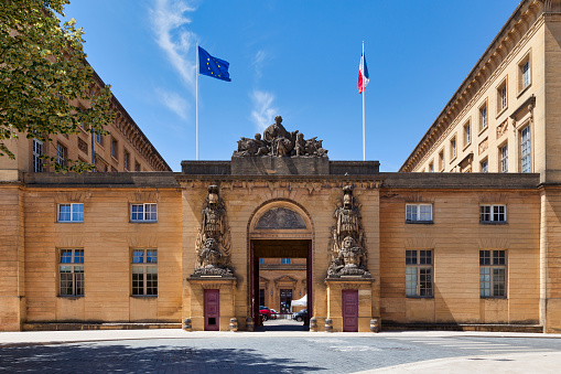 Metz, France - June 24 2020: Main entrance of the High Court of Metz.