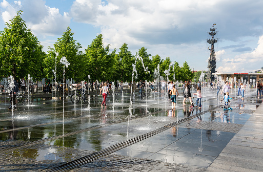 Moscow, Russia - June 11, 2017. Walkable fountain in Gorky Park in Moscow, with people.