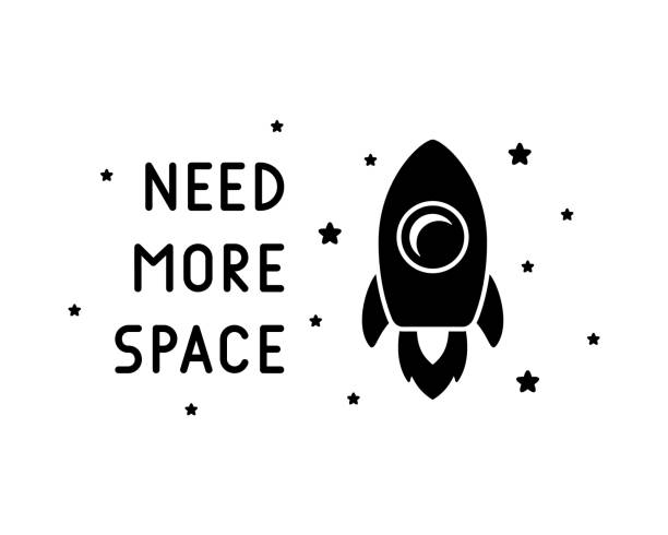 Need more space lettering, space ship, stars. Graphic black illustration Need more space lettering, space ship, stars. Graphic black illustration. T shirt print, stamp, mug, card. Minimalistic design of rocket in galaxy, cosmos. Outline silhouette isolated vector on white rocketship silhouettes stock illustrations