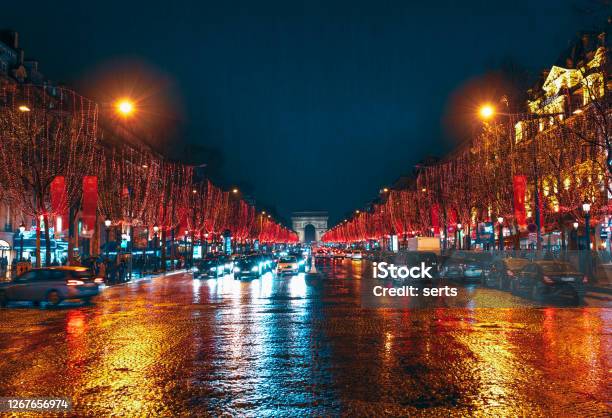 Avenue Des Champselysees And Arc De Triomphe Stock Photo - Download Image Now - Night, Avenue des Champs-Elysees, Champs-Elysees Quarter