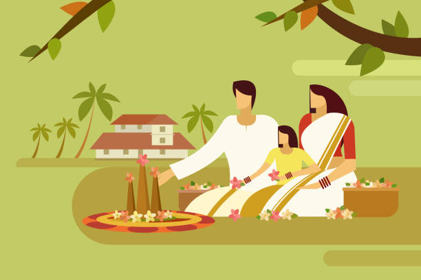 Traditionally dressed family do floral designs on floor against the background of their home. Concept of Onam festival in Kerala Traditionally dressed family do floral designs on floor against the background of their home. Concept of Onam festival in Kerala pookalam stock illustrations