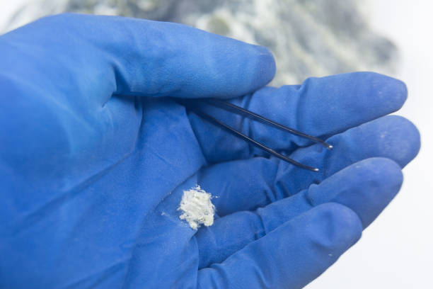 istock Mineral asbestos lies on the palm in a glove. 1267659708