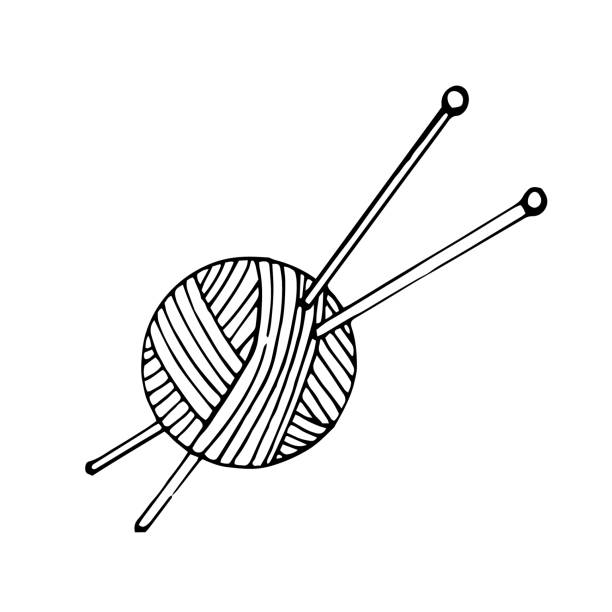 knitting needles, clew hand drawn in doodle style. single element for design icon, sticker, poster, card. vector, scandinavian, hygge, monochrome. hobby, handicraft, cozy home knitting needles, clew hand drawn in doodle style. single element for design icon, sticker, poster, card. vector, scandinavian, hygge monochrome hobby handicraft cozy home knitting needle stock illustrations