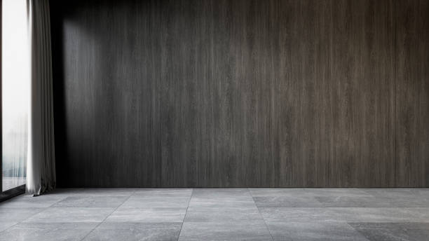 istock Black interior with wood wall panel and gray tile stone floor. 3d render illustration mock up. 1267663964