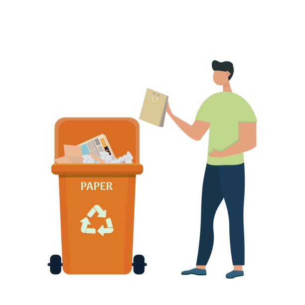 Cute character man putting rubbish in trash bin, dumpster or container with paper waste. Sorting and recycling, ecological concept in flat cartoon style, stock vector illustration. Cute character man putting rubbish in trash bin, dumpster or container with paper waste. Sorting and recycling, ecological concept in flat cartoon style, stock vector illustration. utilize stock illustrations