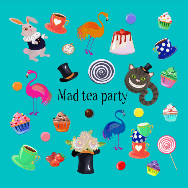 mad tea party-set mit kaninchen, flamingos, cheshire katze, teetassen, blumen, cupcakes und streusel. - cupcake chocolate pink polka dot stock-grafiken, -clipart, -cartoons und -symbole