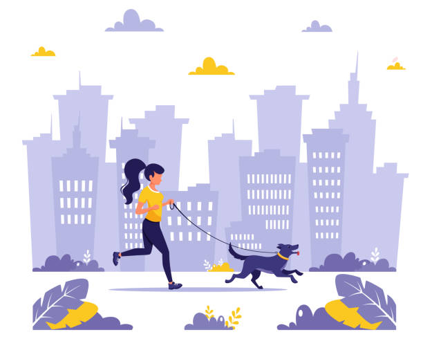 ilustrações, clipart, desenhos animados e ícones de mulher correndo com cachorro na cidade. atividades ao ar livre, estilo de vida saudável, esporte, exercícios, conceito de corrida. ilustração vetorial em estilo plano. - street style