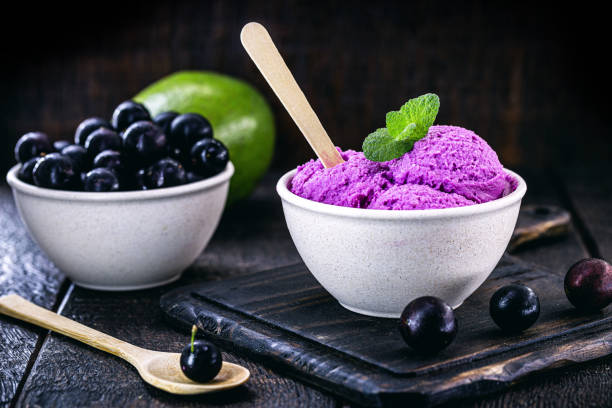istock exotic jabuticaba ice cream, purple color. Dessert served in biodegradable plastic bowl. 1267670101