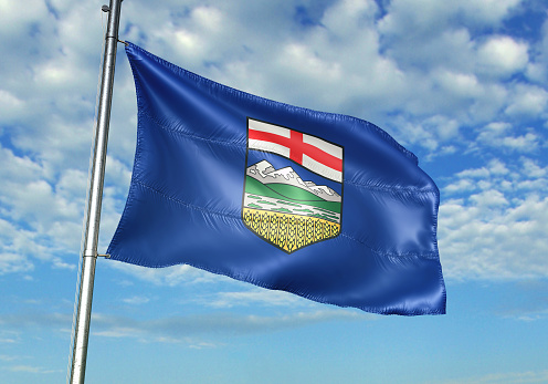 Alberta of Canada flag waving with sky on background realistic 3d illustration