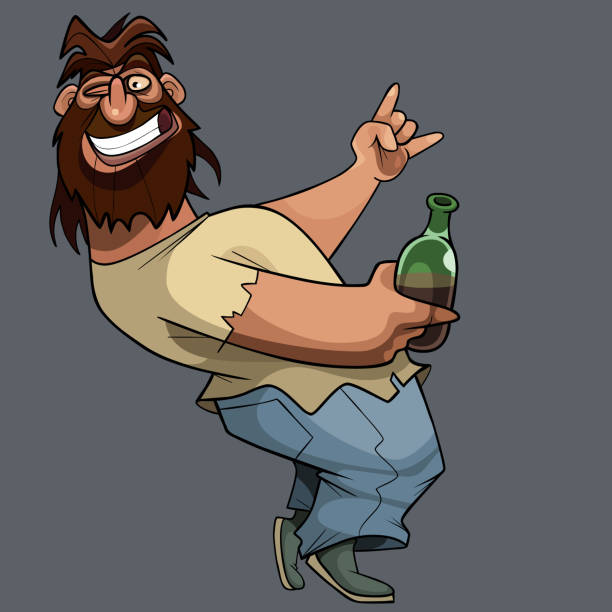 Cartoon Drunk Shaggy Bearded Man Having Fun With Bottle In Hand Stock  Illustration - Download Image Now - iStock