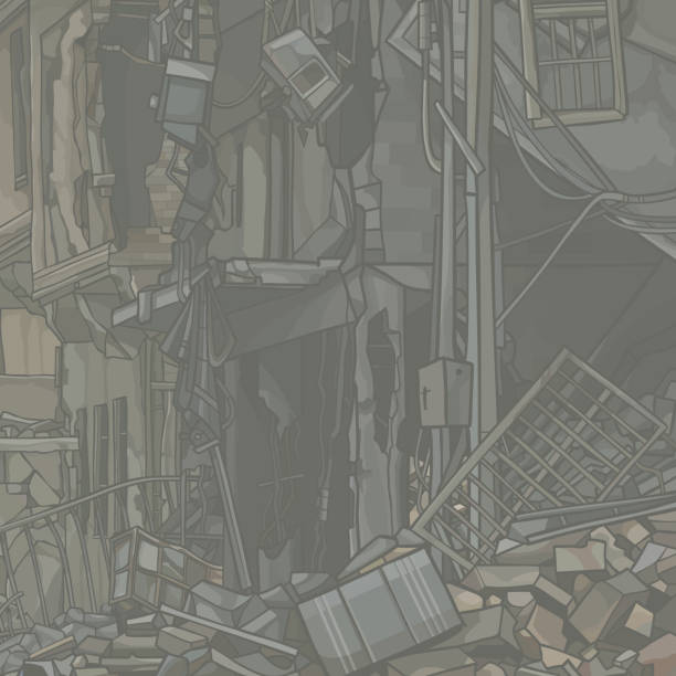 pale background ruins of cartoon ruined building with debris pale background ruins of cartoon ruined building with construction debris drawing of the destroyed city stock illustrations