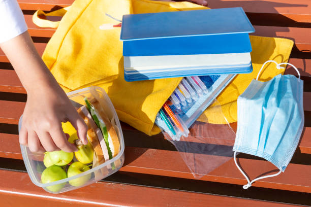 matlåda, barnets händer. smörgåsar och äpplen i en plastbehållare. tillbaka till skolan. lunchrast. gul ryggsäck med skolmaterial. - school bench above bildbanksfoton och bilder