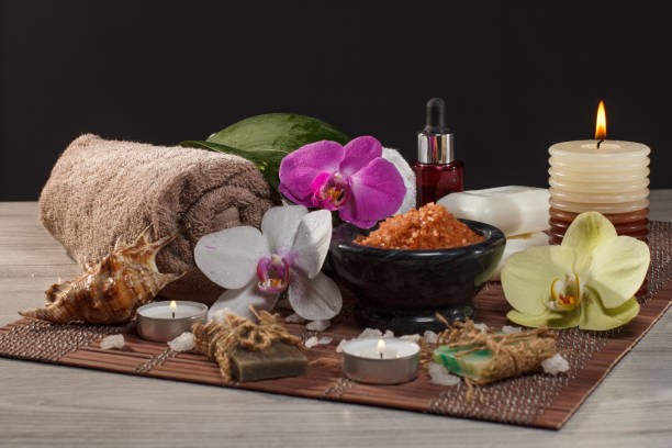 istock Spa and wellness accessories on wooden background 1267673997