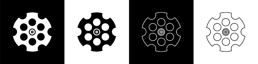 Set Revolver cylinder icon isolated on black and white background. Vector Illustration