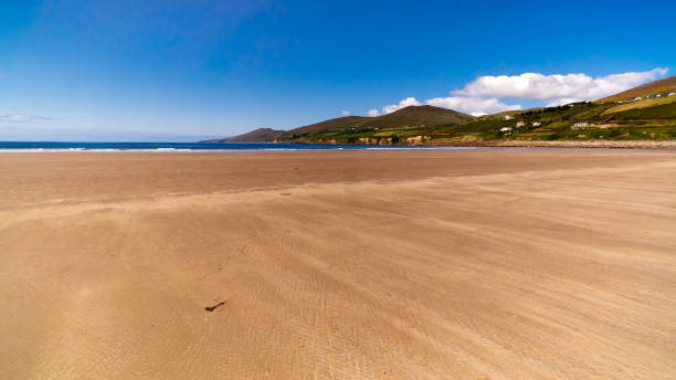 Empty, beautiful and long sandy Inch Beach, Dingle peninsula, Ireland Long, beautiful sandy Inch Beach with mountains in background. Summer day with blue sky on empty beach, relaxation. Dingle peninsula, Ireland dingle peninsula stock pictures, royalty-free photos & images