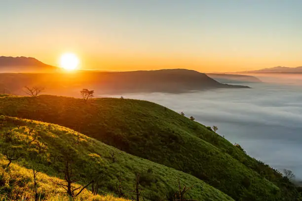 aso mountain, sunrise over the mountain, aso, kumamoto, japan