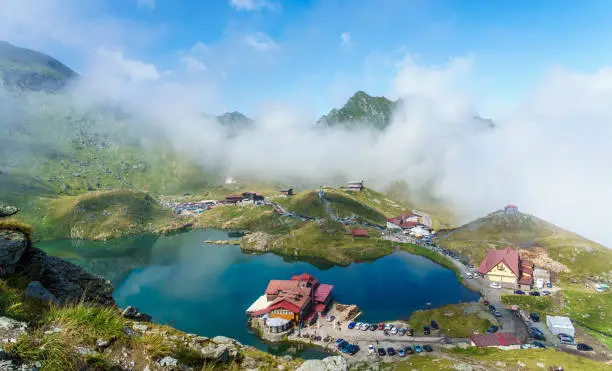 Landscape with Balea lake and chalet in Fagaras mountains, Romania