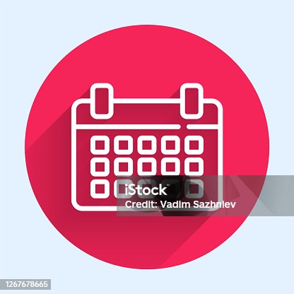 istock White line Calendar icon isolated with long shadow. Event reminder symbol. Red circle button. Vector Illustration 1267678665