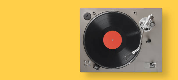 istock turntable with lp vinyl record. Above view 1267678791