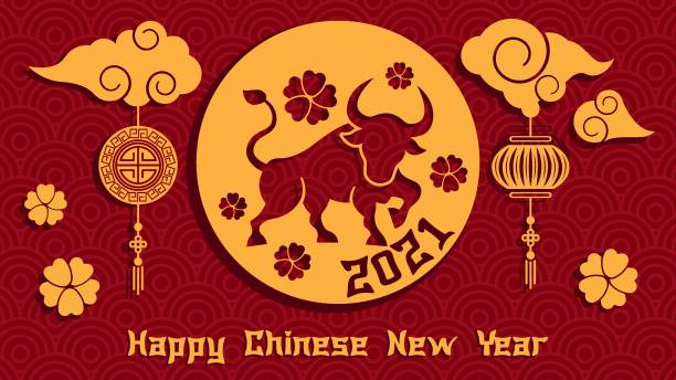 Chinese new year 2021 year of the ox background Chinese new year 2021 year of the ox background, red and gold paper cut ox character, flower and asian elements with craft style on background wish yuan stock illustrations