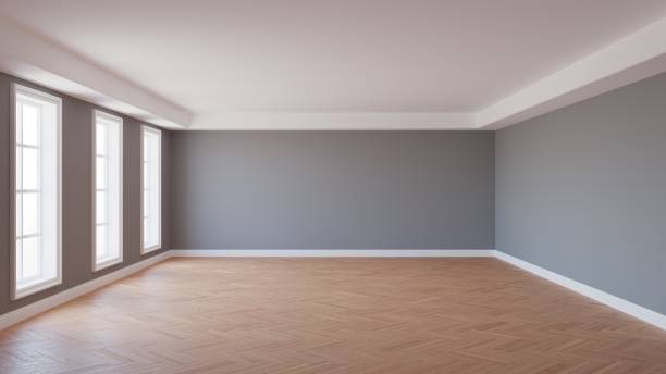 istock Empty Interior with Grey Walls and Parquet Floor, 3d Rendering 1267688436