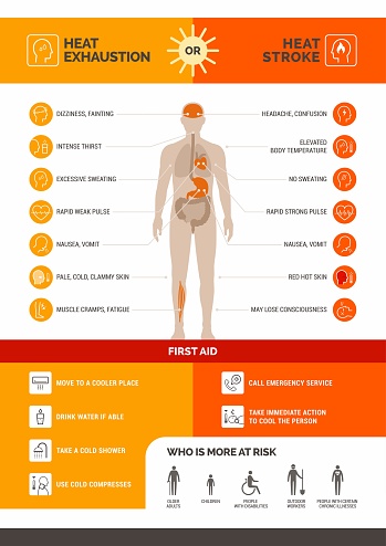 Heat exhaustion and heat stroke healthcare infographic: symptoms and first aid