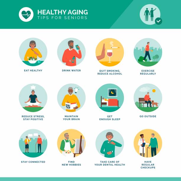 Healthy aging and senior wellness Healthy aging and senior wellness icons set: healthy lifestyle, brain maintenance and fitness for elder people active lifestyle stock illustrations