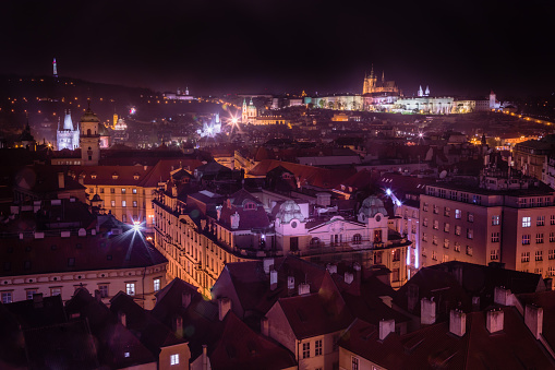 Prague old town square with St Vitus Cathedral at night – Czech Republic