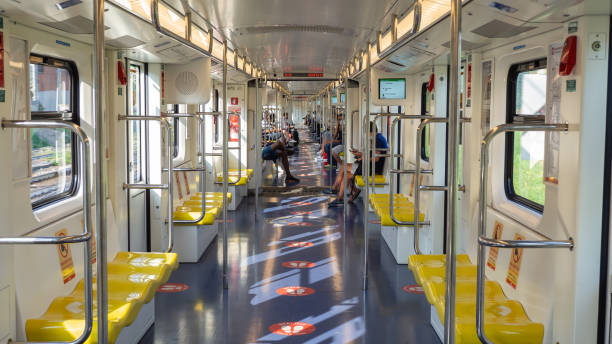Milano, Italy. Subway wagon empty due to lockdown during Covid 19 or Coronavirus time. Few people. POV, passenger point of view. Marks on seats and on the floor. Social distancing stock photo