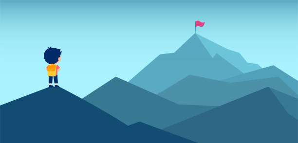 istock Vector of a boy with backpack looking at a mountain top with a red flag 1267695685