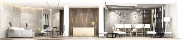 istock Reception mainhall with waiting area and co working space in modern industrial style interior design 3d rendering 1267696517